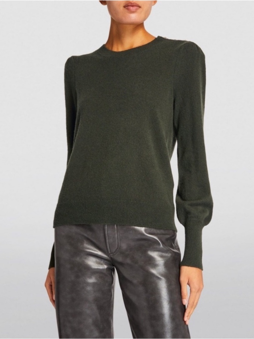 Veronica Beard Merino Wool Olive Crewneck Sweater with Shoulder Buttons Small